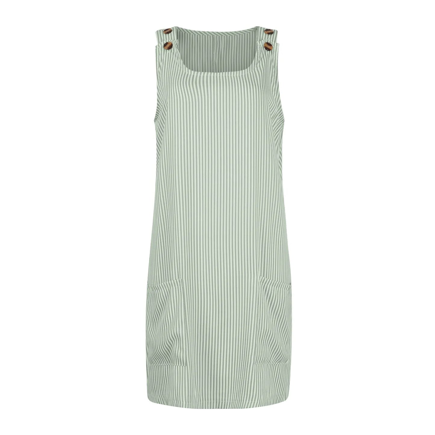 Summer Fashion Stripped Patchwork Commuting U-Neck Sleeveless Pockets Back Button Casual Straight Slimming Mini Dress For Women