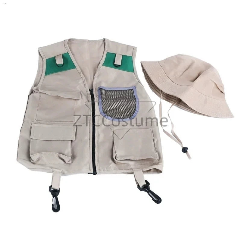 Kids Explorer Vest and Hat Costume Safari Cargo Vest Boys Outdoor Adventure Kit Halloween Cosplay Dress Up Pretend Play Costumes