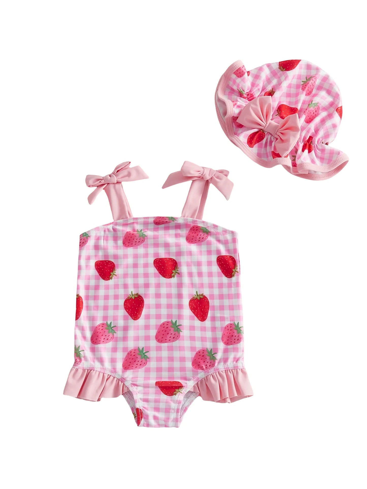 FOCUSNORM 0-3Y Lovely Toddler Baby Girls Summer Swimsuit Strawberry/Bow/Cherry Print Sleeveless Tie Shoulder Bathing Suit Cap