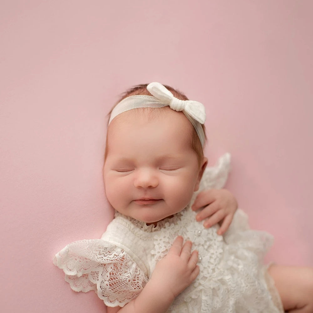 Baby Girl Lace Ruffle Open Back Romper Bow Headband Newborn Photography Props Infant Photo Shoot Outfit Newborn Prop