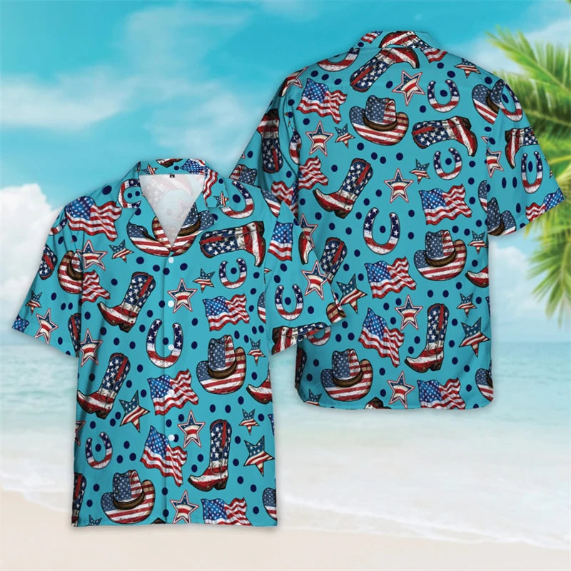 4th of July Patriotic Hawaiian Button Shirt | USA Flag Lapel | Men's