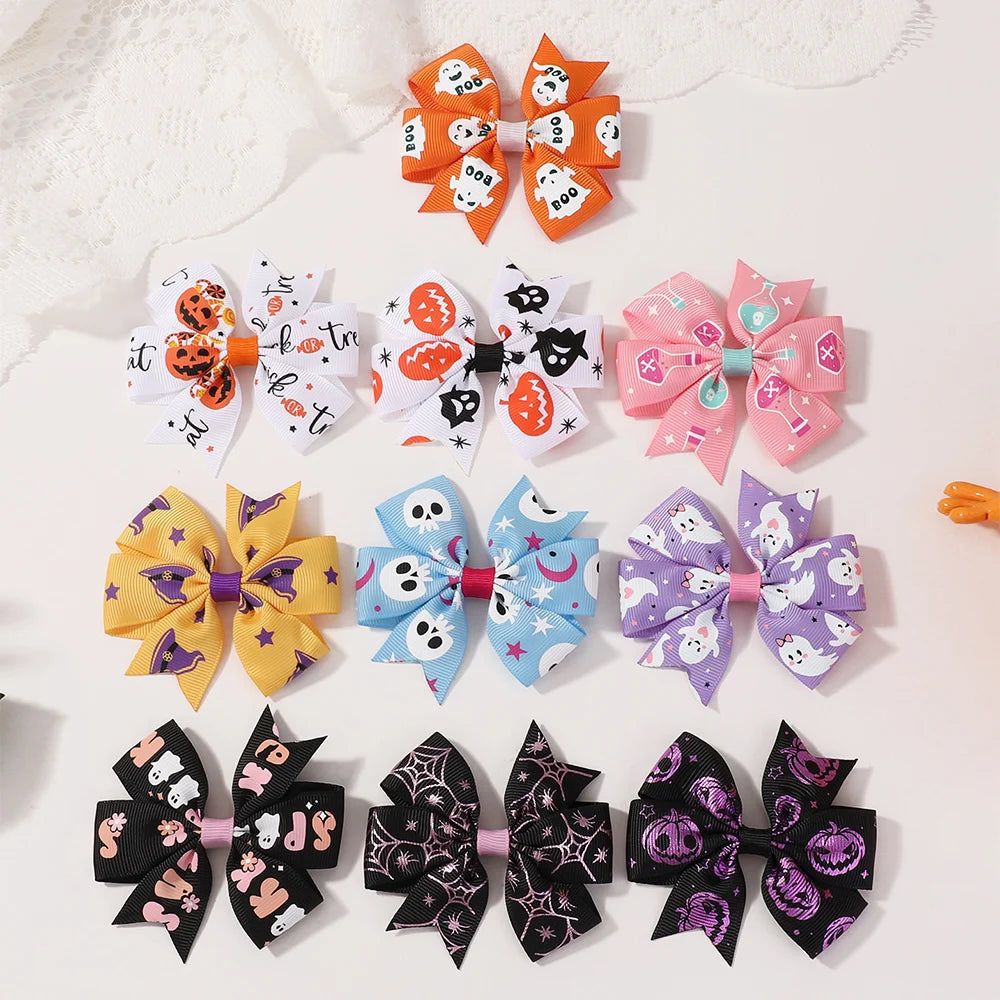 4Pcs/Set Baby Girls Bow Hair Clips 3.5'' Cute Printing Halloween Party Headdress Headwear Hair Accessories for 2-5 Years Old