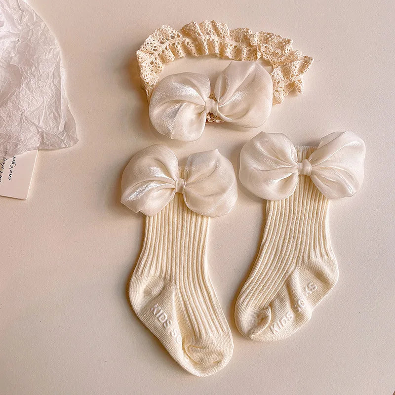 Baby Lace Headband with Ruffled Edges Bow Anti Slip Socks Set Princess Cute Photo Hair Accessories Photography Props