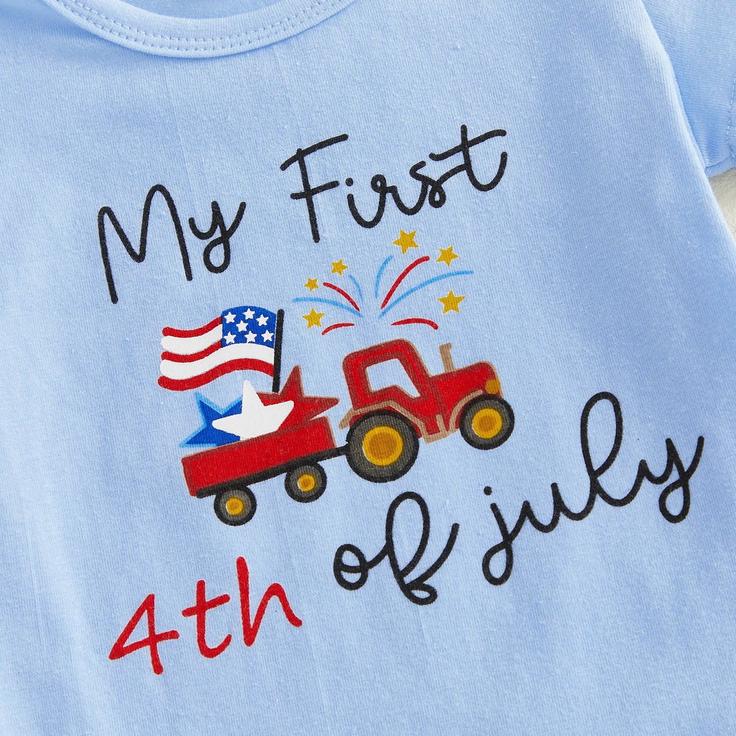 4th of July Baby Boys Outfit Adorable Letter Tractor Print Short Sleeve O Neck Jumpsuit Hat Elastic Waist Pants Set