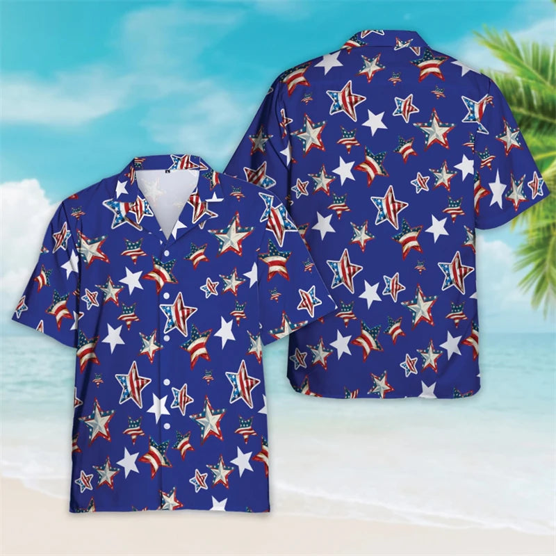4th of July Patriotic Hawaiian Button Shirt | USA Flag Lapel | Men's