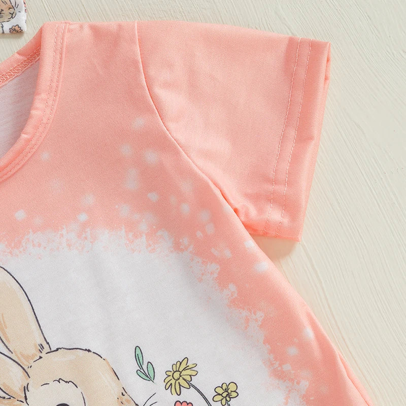 Baby Girls Easter Outfits with Bow Headband Bunny Pattern Rompers with Flared Pants 3 Pcs Newborn Clothes Set