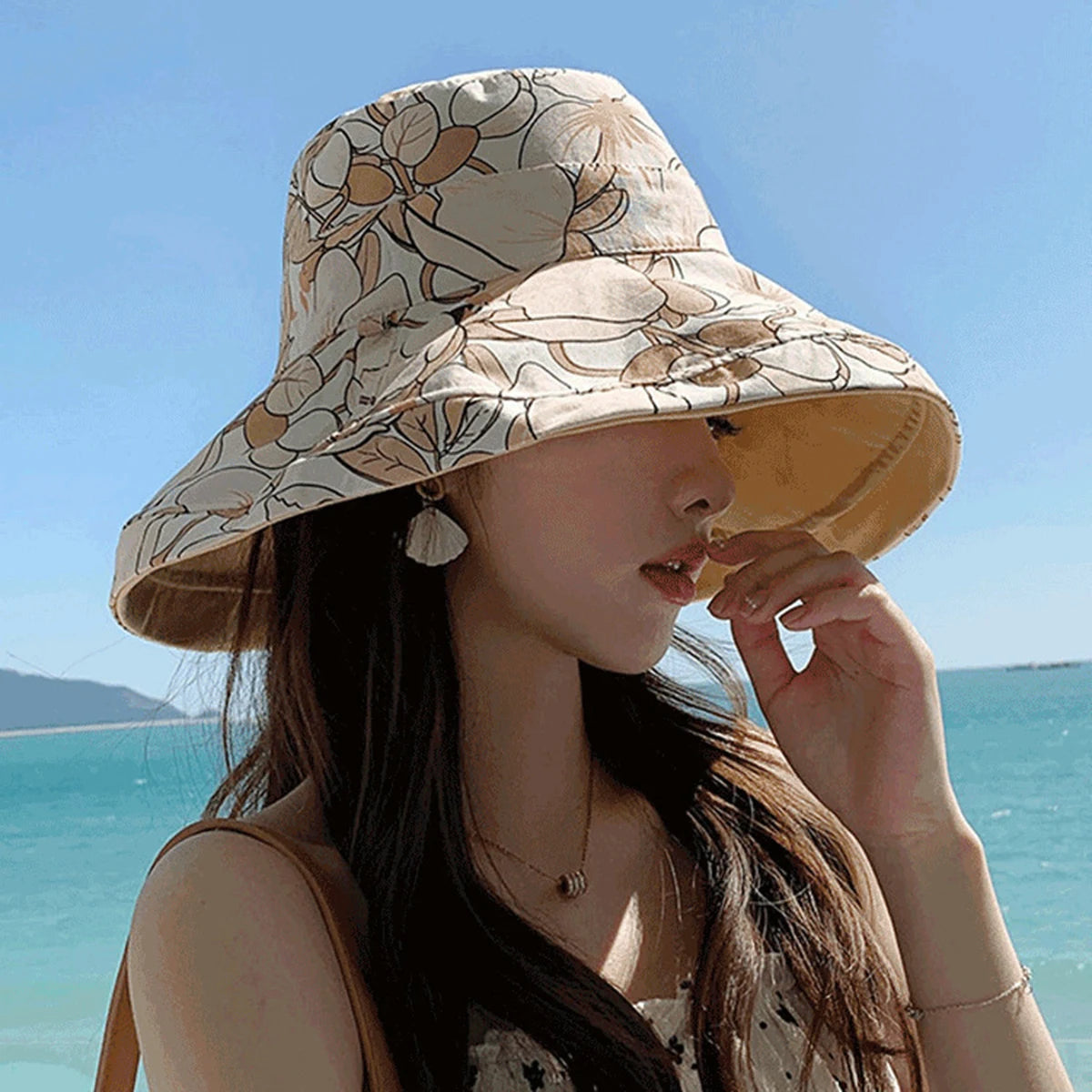 Double-Sided Flower Print Bucket Hat | Wide Brim Sun Hat with Windproof Rope | Women's