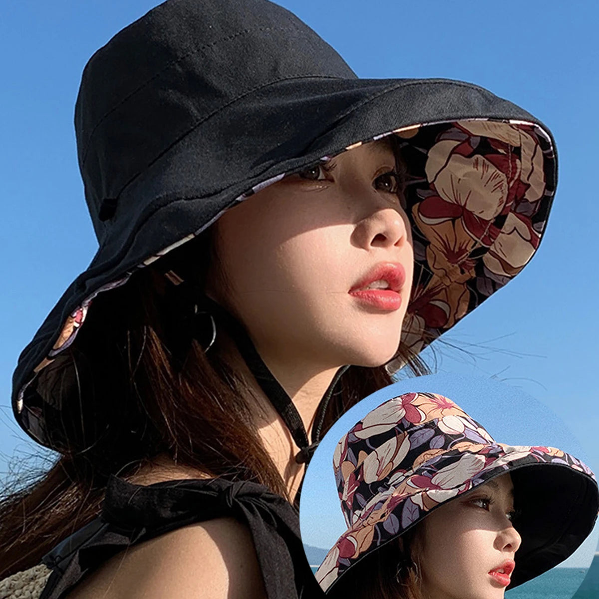 Double-Sided Flower Print Bucket Hat | Wide Brim Sun Hat with Windproof Rope | Women's