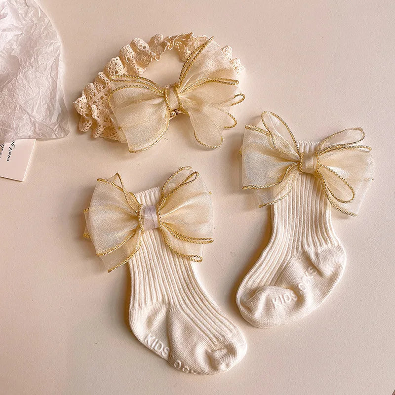 Baby Lace Headband with Ruffled Edges Bow Anti Slip Socks Set Princess Cute Photo Hair Accessories Photography Props