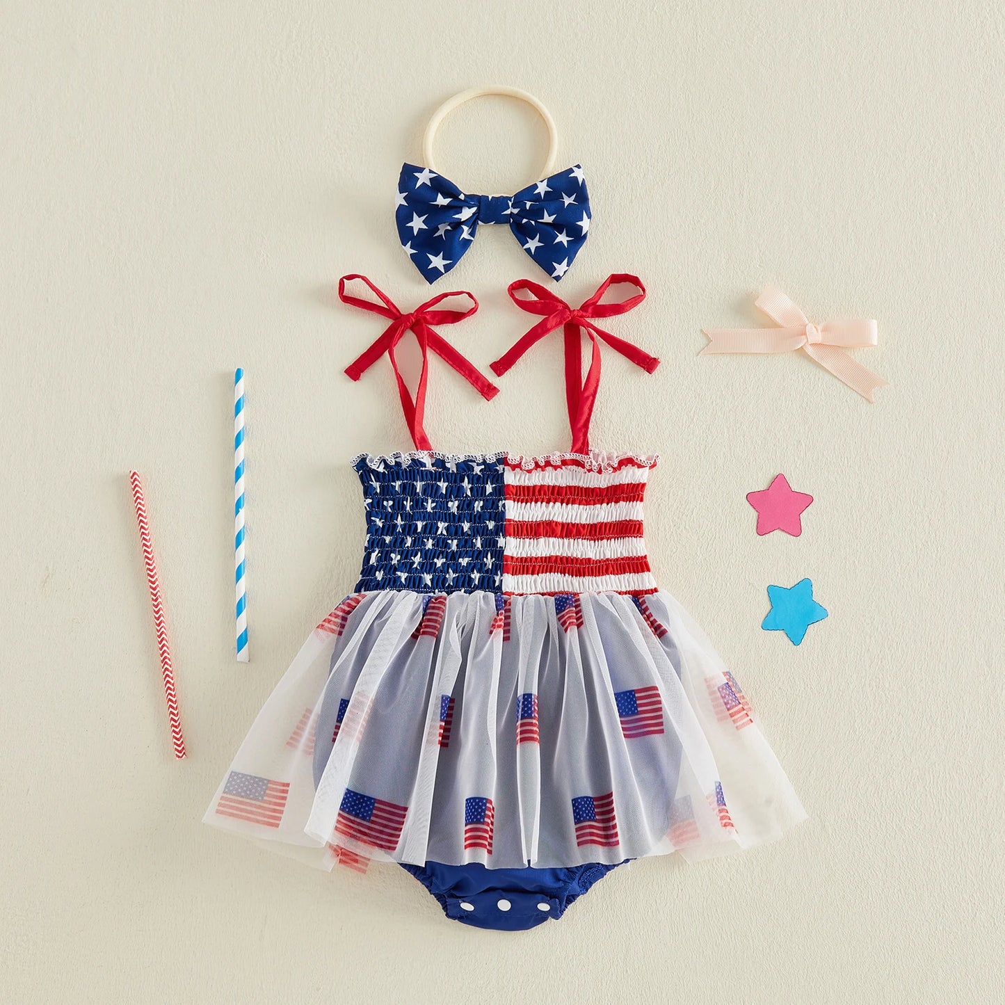 Infant Baby Girl Bodysuits Outfit Independence Day Sleeveless Tie up Shoulder Strap Star Stripe Print Romper Dress and Headband