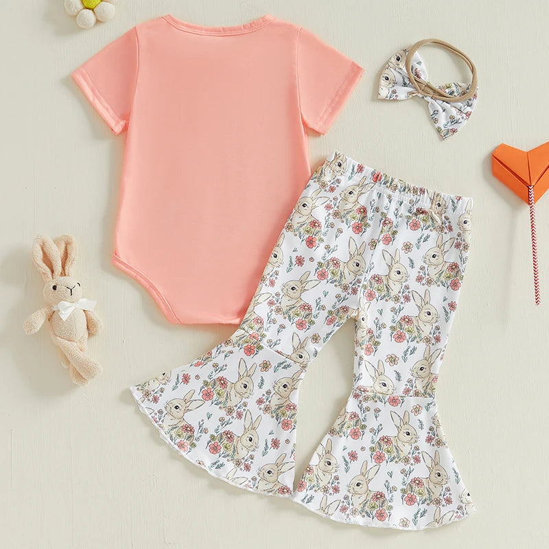 Baby Girls Easter Outfits with Bow Headband Bunny Pattern Rompers with Flared Pants 3 Pcs Newborn Clothes Set