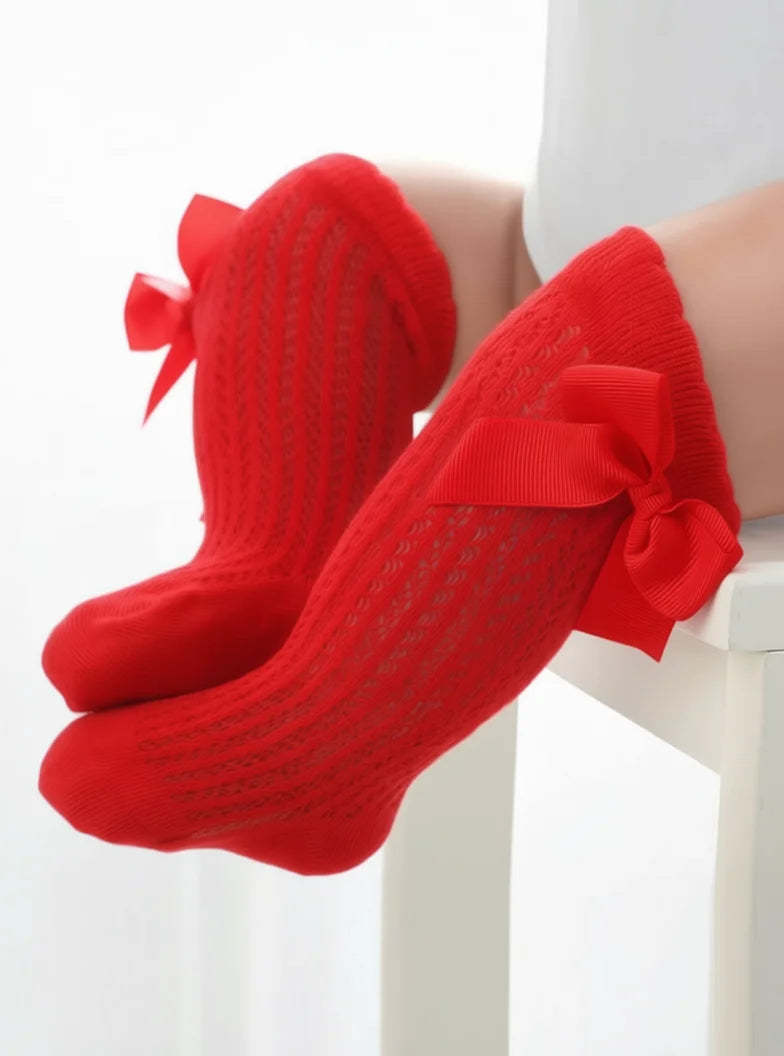 1 Pair of Bows Decoration Babies Cotton Summer Mesh Lace Knee Socks Toddler Princess Long Socks for 0-36 Months Baby Girls Wear