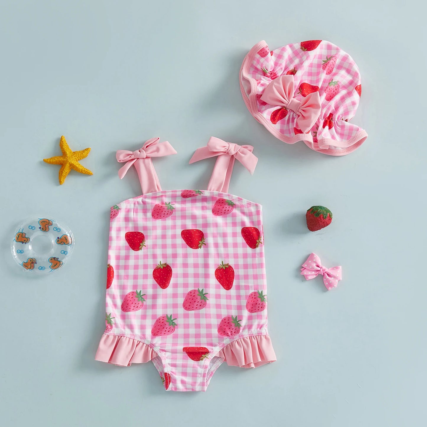FOCUSNORM 0-3Y Lovely Toddler Baby Girls Summer Swimsuit Strawberry/Bow/Cherry Print Sleeveless Tie Shoulder Bathing Suit Cap