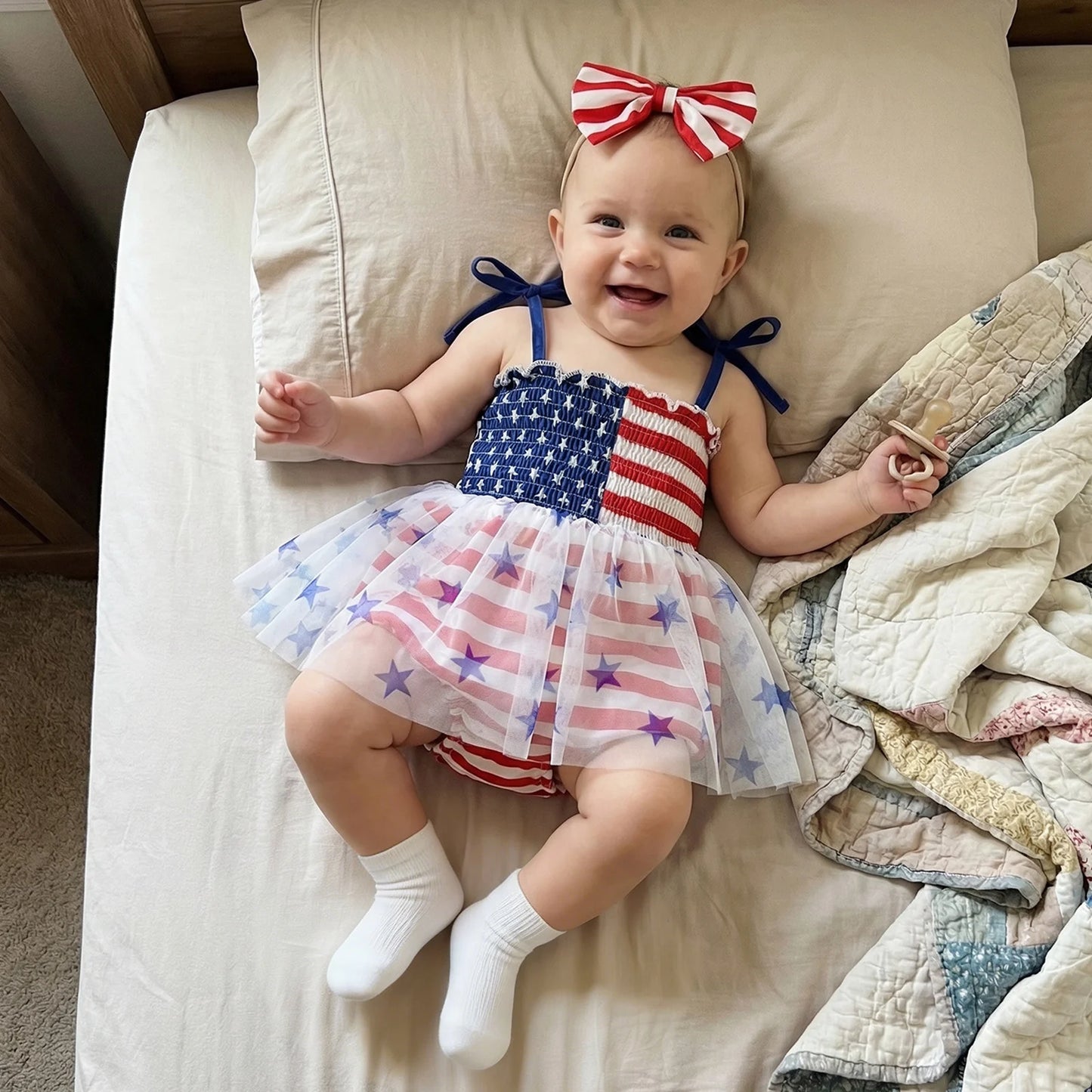Infant Baby Girl Bodysuits Outfit Independence Day Sleeveless Tie up Shoulder Strap Star Stripe Print Romper Dress and Headband