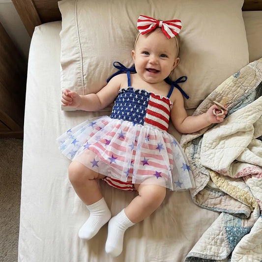 Infant Baby Girl Bodysuits Outfit Independence Day Sleeveless Tie up Shoulder Strap Star Stripe Print Romper Dress and Headband
