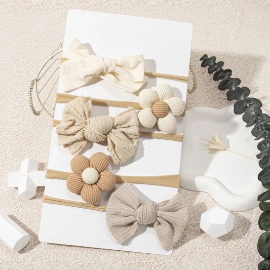 Baby Flower Bow Headband Set of 5 | Soft Nylon | 4 Months–6 Years