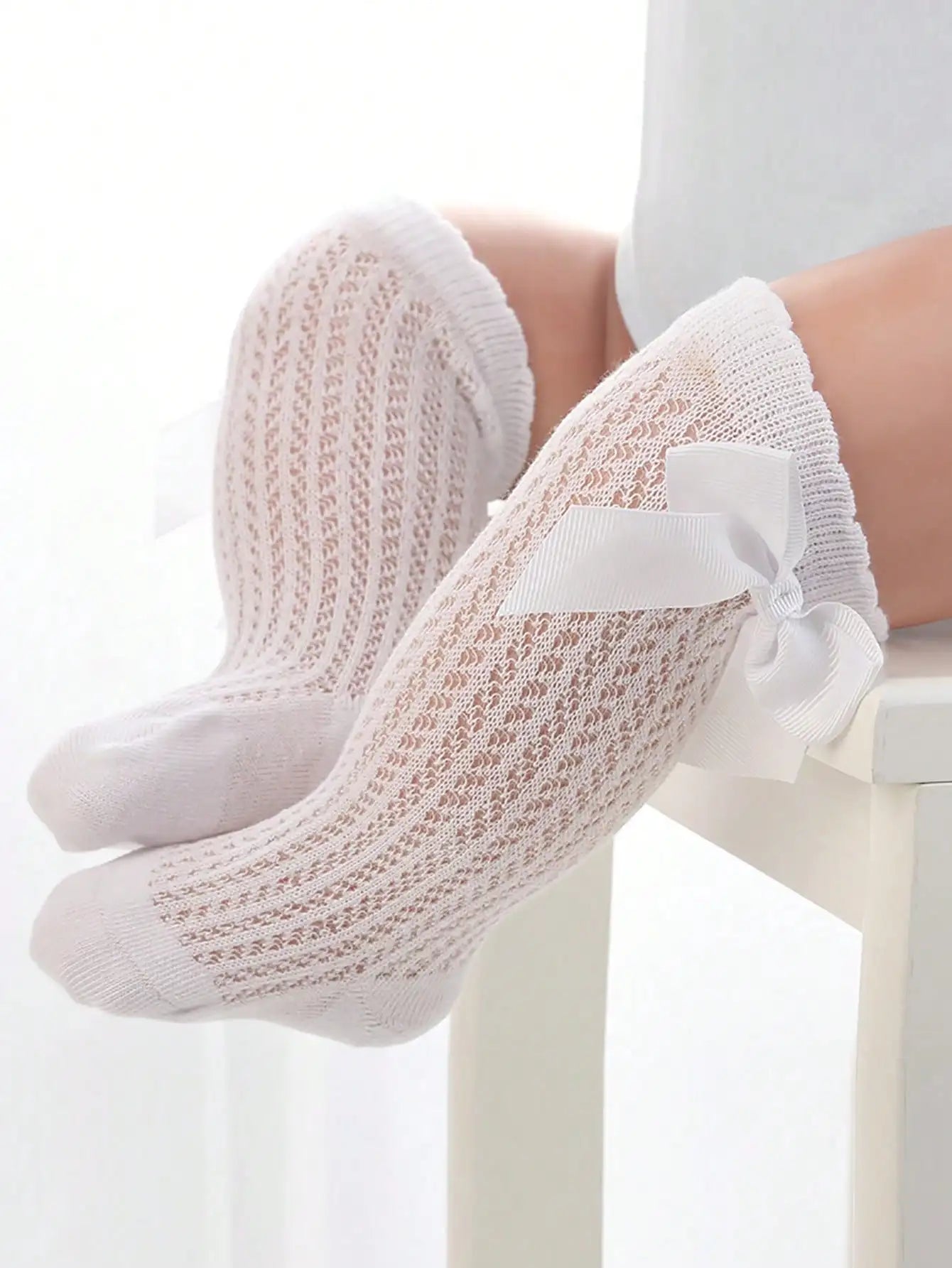 1 Pair of Bows Decoration Babies Cotton Summer Mesh Lace Knee Socks Toddler Princess Long Socks for 0-36 Months Baby Girls Wear