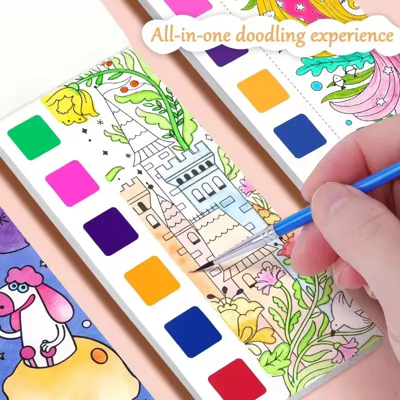 Magic Watercolor Coloring Book for Kids 12 Sheets Graffiti Painting Notebook with Paint Brush Water-Activated Gouache Drawing