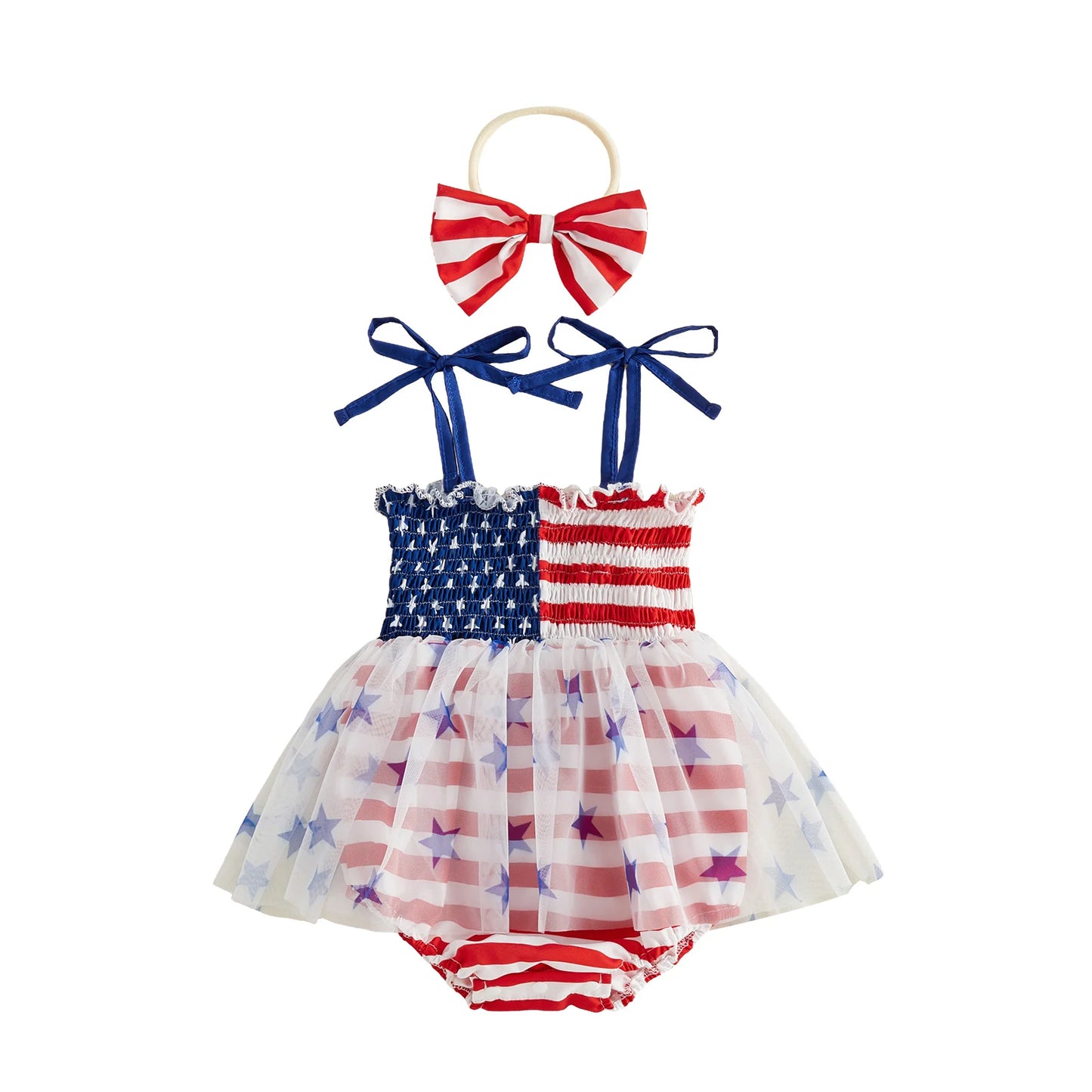 Infant Baby Girl Bodysuits Outfit Independence Day Sleeveless Tie up Shoulder Strap Star Stripe Print Romper Dress and Headband