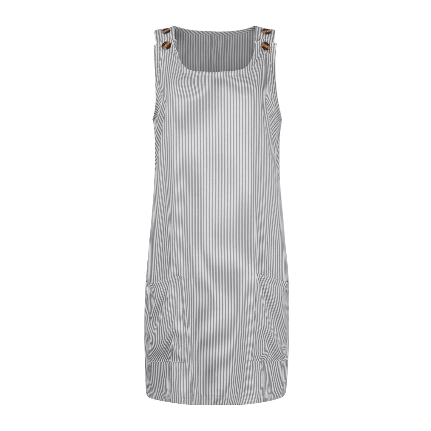 Summer Fashion Stripped Patchwork Commuting U-Neck Sleeveless Pockets Back Button Casual Straight Slimming Mini Dress For Women