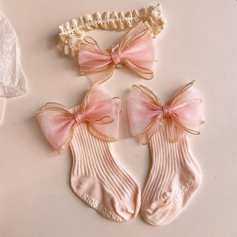 Baby Lace Headband with Ruffled Edges Bow Anti Slip Socks Set Princess Cute Photo Hair Accessories Photography Props
