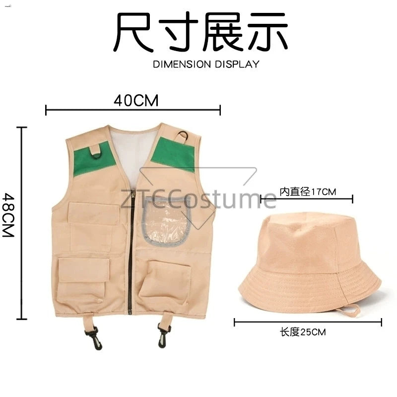 Kids Explorer Vest and Hat Costume Safari Cargo Vest Boys Outdoor Adventure Kit Halloween Cosplay Dress Up Pretend Play Costumes