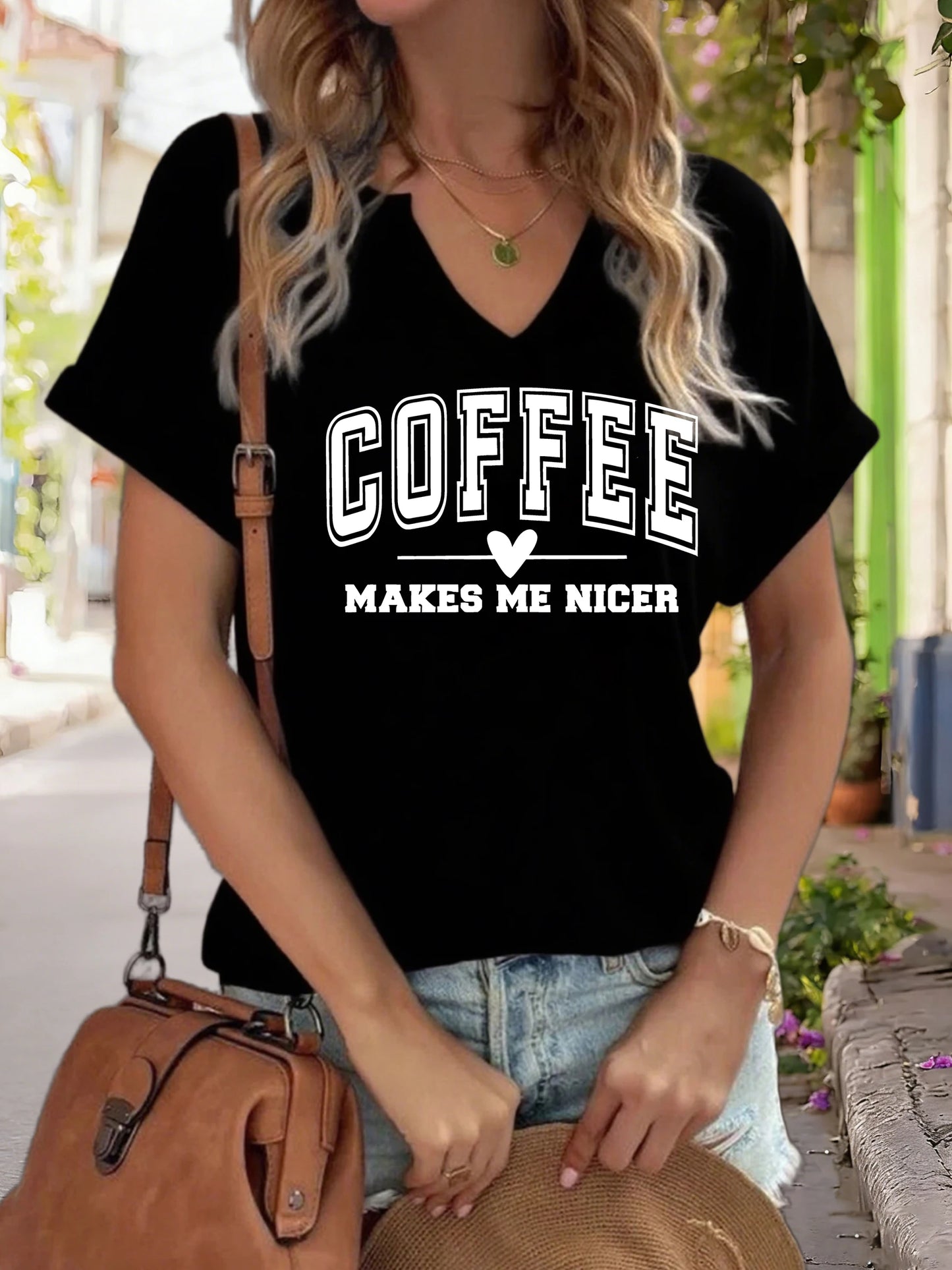 Women's V-Neck "Coffee Makes Me Nicer" Graphic Tee, Funny Coffee Lover Print T-Shirt, Casual Short Sleeve Top