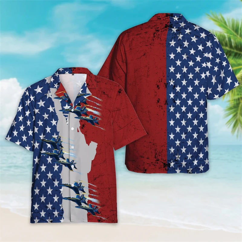 4th of July Patriotic Hawaiian Button Shirt | USA Flag Lapel | Men's