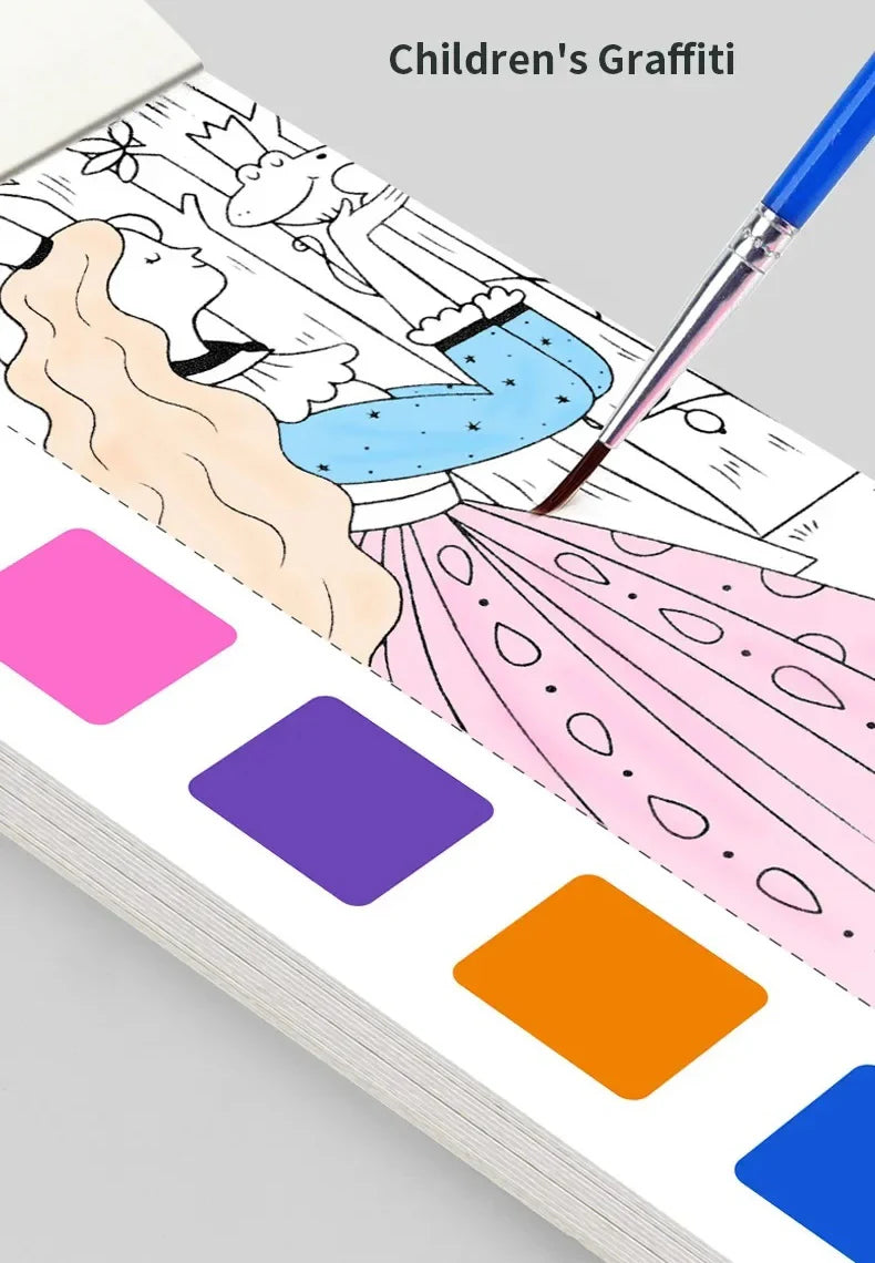 Magic Watercolor Coloring Book for Kids 12 Sheets Graffiti Painting Notebook with Paint Brush Water-Activated Gouache Drawing