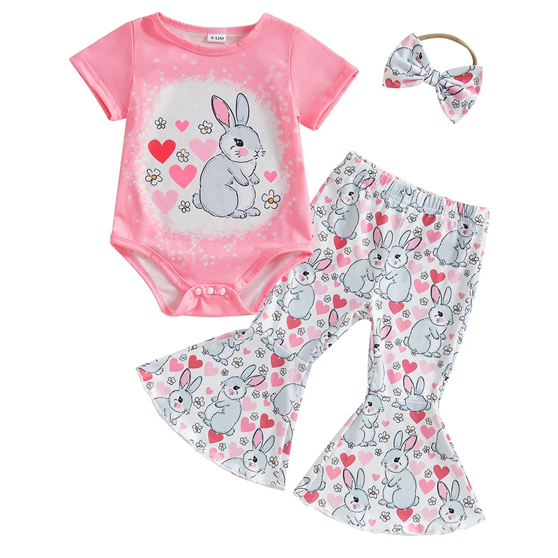 Baby Girls Easter Outfits with Bow Headband Bunny Pattern Rompers with Flared Pants 3 Pcs Newborn Clothes Set