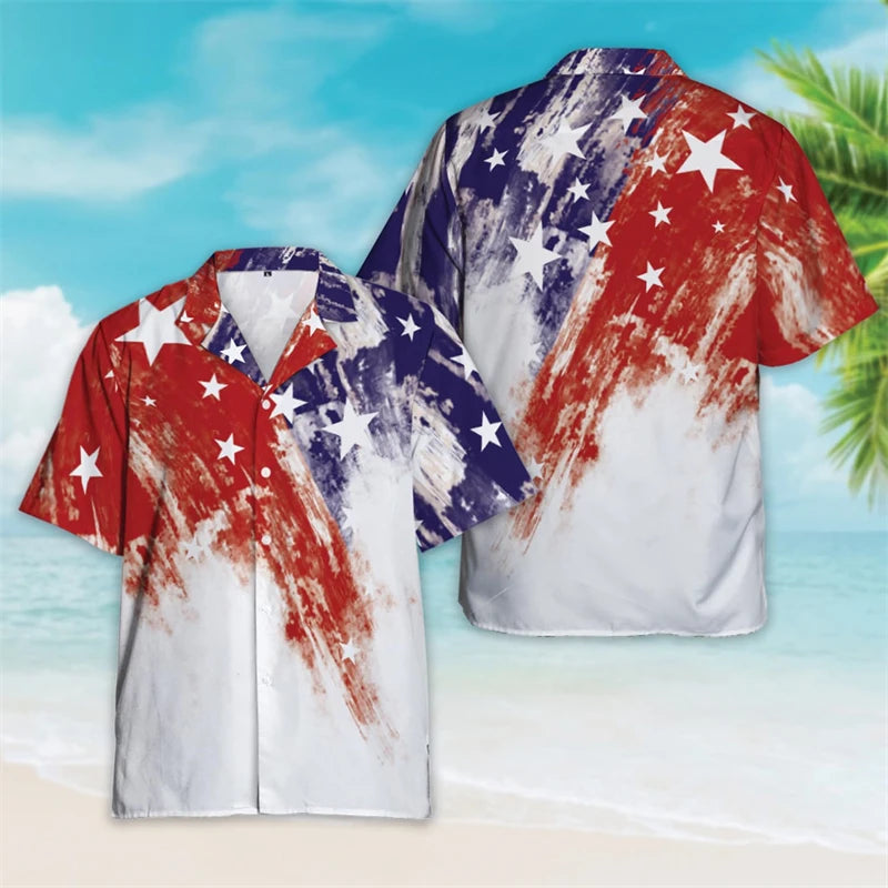 4th of July Patriotic Hawaiian Button Shirt | USA Flag Lapel | Men's