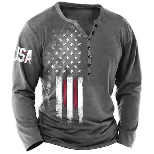 Vintage American Flag 3D Print Long Sleeve V-Neck Tee | Men's Oversized | S–6XL