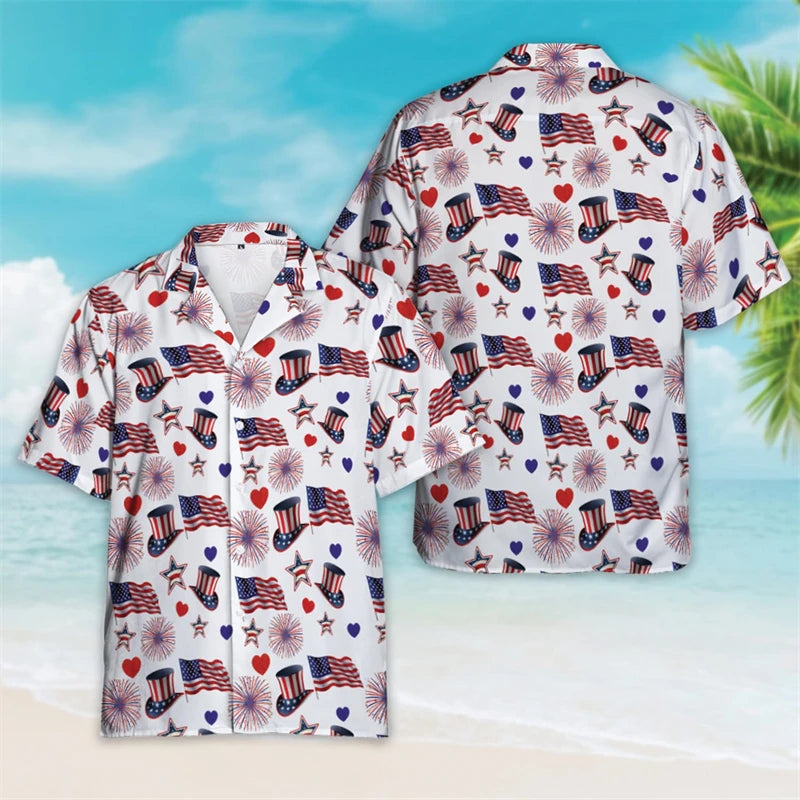 4th of July Patriotic Hawaiian Button Shirt | USA Flag Lapel | Men's